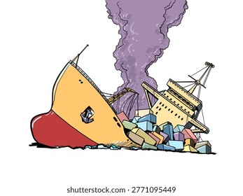 Cargo ship sinking. A broken and destroyed ship. Economic problems of logistics. Comic cartoon pop art retro vector illustration hand drawing. On a white background