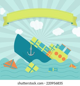 Cargo ship sinking. Cute cargo ship sinking. Packages and goods floating on the sea. Blank ribbon for insert text.