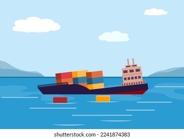 Embalaje de barco de carga en ilustración vectorial de diseño plano.