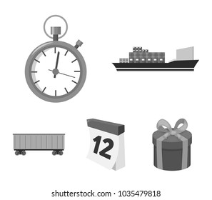 Cargo ship, stop watch, calendar, railway car.Logistic,set collection icons in monochrome style vector symbol stock illustration web.