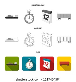 Cargo ship, stop watch, calendar, railway car.Logistic,set collection icons in flat,outline,monochrome style vector symbol stock illustration web.