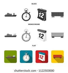 Cargo ship, stop watch, calendar, railway car.Logistic,set collection icons in black, flat, monochrome style vector symbol stock illustration web.