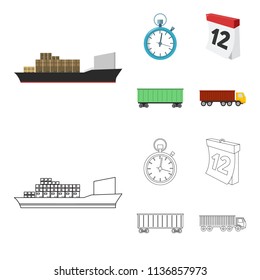 Cargo ship, stop watch, calendar, railway car.Logistic,set collection icons in cartoon,outline style vector symbol stock illustration web.
