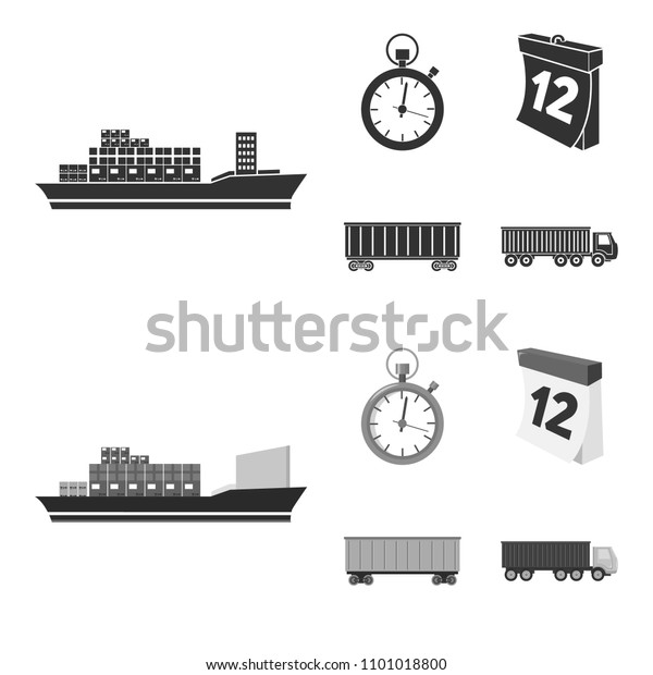 Cargo ship, stop watch, calendar, railway car.
Logistic, set collection icons in black, monochrome style vector
symbol stock illustration
web.