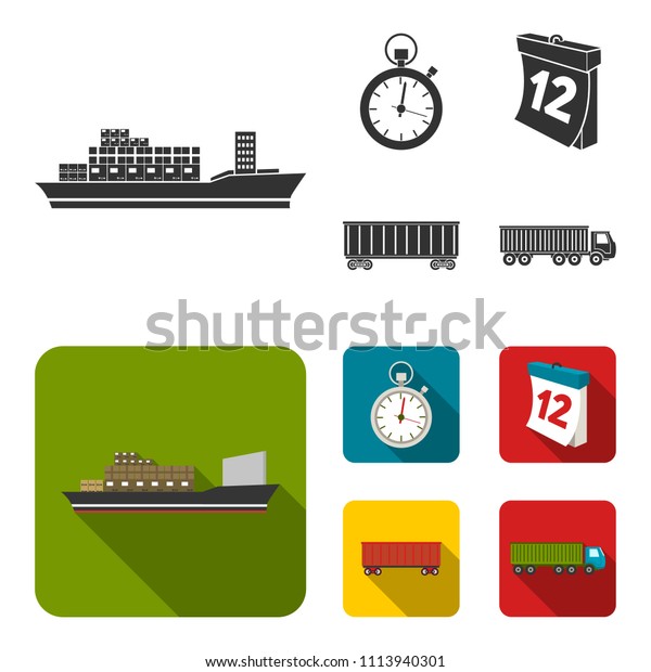 Cargo ship, stop watch, calendar, railway\
car.Logistic,set collection icons in black, flat style vector\
symbol stock illustration\
web.