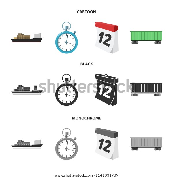 Cargo ship, stop watch, calendar,\
railway car.Logistic,set collection icons in\
cartoon,black,monochrome style vector symbol stock illustration\
web.