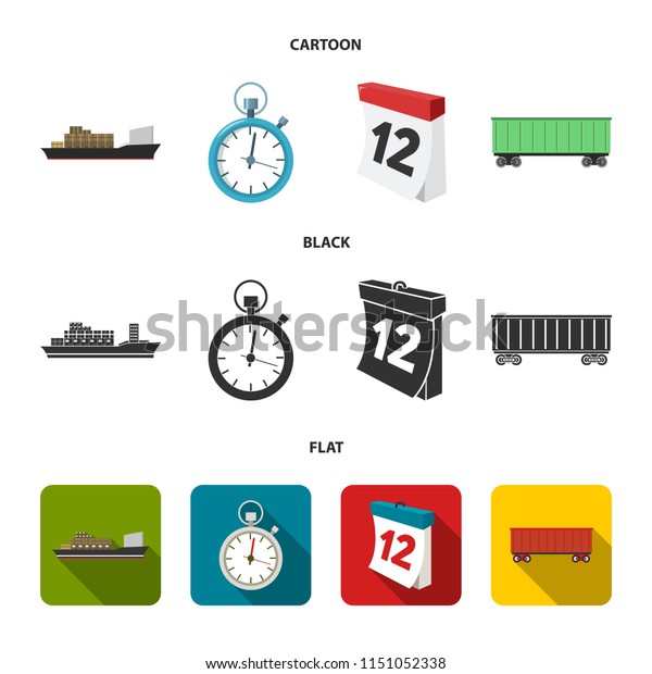 Cargo ship, stop watch, calendar, railway\
car.Logistic,set collection icons in cartoon,black,flat style\
vector symbol stock illustration\
web.