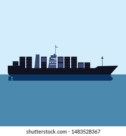 Cargo ship tanker with containers in the ocean. Delivery, transportation, silhouette shipping freight transportation Vector isolated cartoon flat style