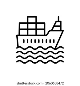 Icono de la línea delgada del barco de carga. Ilustración vectorial moderna del transporte marítimo.