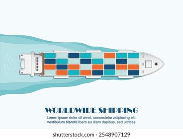 Frachtschiff Draufsicht voll von Standard-Versandcontainern, Containerschiff, Frachtschiff Deck, Transport, Weltweiter Versand konzeptionelle Vektorgrafik.