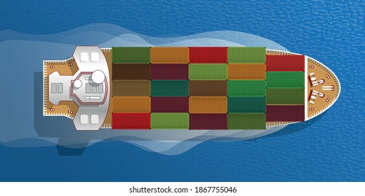 Cargo Ship. Top view. Sea transportation logistic. Merchant Marine. Sea Freight. Maritime shipping. Container ship. Cargo to harbor. View from above.