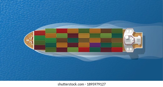 Cargo Ship. Top View. Sea Transportation Logistic. Merchant Marine. Sea Freight. Maritime Shipping. Container Ship. Cargo To Harbor. View From Above.