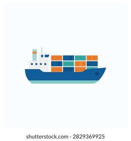 Cargo ship transporting colorful containers on white background