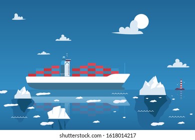 Cargo ship transporting containers in the Arctic Ocean, vector illustration. Container vessel shipment delivery, international trade. Industrial cargo logistic, global trade and shipping distribution