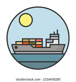 Cargo ship under the tropical sun. Line icon