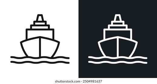 Cargo Ship vector icon set black and white filled and outlined style.