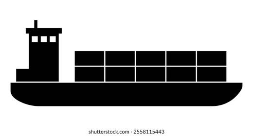 Cargo ship vector icon. Shipping industry symbol, sea transportation vehicle. Freight transport boat. Container ship illustration. Black silhouette isolated on white background.