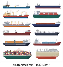 Cargo ship vector shipping transportation export container illustration set of industrial business freight transport shipment isolated on white background.