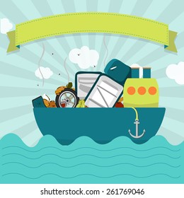 Cargo ship with waste. Cargo ship carrying waste, garbage. Blank ribbon for insert text.
