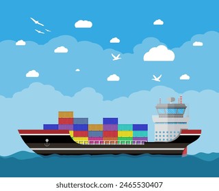 Barco de carga en agua, cielo azul con nubes y gaviotas. Transporte de carga por agua. Buque contenedor comercial, industrial y logístico, Ilustración vectorial en diseño plano 