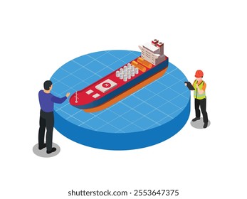 Cargo Ship with Workers Inspecting Logistics Operations 3d isometric vector illustration