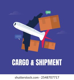 Cargo and shipment. We provide cargo and shipment service advertising banner, social media post with aeroplane and large cardboard boxes. Package delivery world wide,