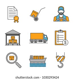 Cargo shipping color icons set. Delivery service. Certificate, dolly cart, invoice, warehouse, delivery truck, driver, parcel tracking, cargo vessel, crane hook. Isolated vector illustrations