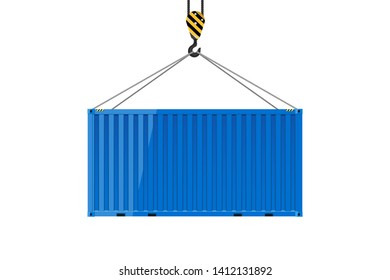 Cargo shipping container for the carriage of cargo. Freight shipping container hanging on crane hook. Shipping container for logistics and transportation. Vector Illustration.