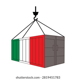 Cargo Shipping Container with Italy Flag and Crane Hook Vector Import Export Logistics Symbol.