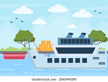 Cargo Shipping Container Logistics Delivery with the Concept of Delivering Goods Using Crane Ship, Truck or Plane Transportation. Background Vector Illustration 

