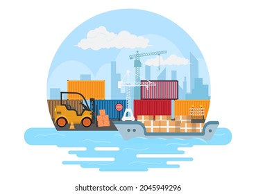 Cargo Shipping Container Logistics Delivery with the Concept of Delivering Goods Using Crane Ship, Truck or Plane Transportation. Background Vector Illustration 
