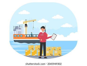 Cargo Shipping Container Logistics Delivery with the Concept of Delivering Goods Using Crane Ship, Truck or Plane Transportation. Background Vector Illustration 
