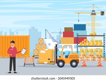 Cargo Shipping Container Logistics Delivery with the Concept of Delivering Goods Using Crane Ship, Truck or Plane Transportation. Background Vector Illustration 
