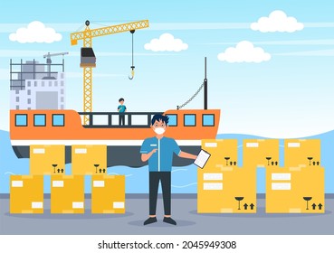 Cargo Shipping Container Logistics Delivery with the Concept of Delivering Goods Using Crane Ship, Truck or Plane Transportation. Background Vector Illustration 
