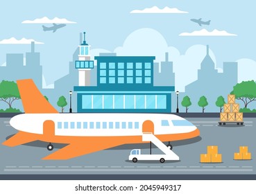 Cargo Shipping Container Logistics Delivery with the Concept of Delivering Goods Using Crane Ship, Truck or Plane Transportation. Background Vector Illustration 
