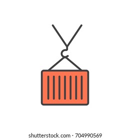 Cargo shipping container on crane hanger flat color line icon.