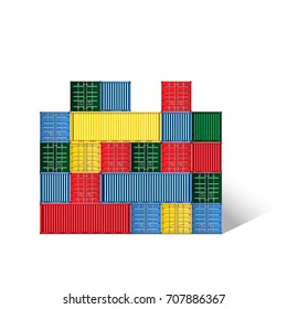 Cargo shipping containers for freight transport and logistics. Freight shipping, Multi color stacked cargo containers isolated on white background.