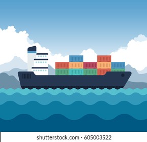 Cargo Shipping With Containers Icon. Vector Illustration