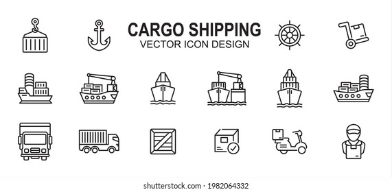 cargo shipping delivery expedition related vector icon user interface graphic design. Contains such icons as ship, vessel, anchor, ship steering wheel, cargo ship, truck, pallet box, harbor loading