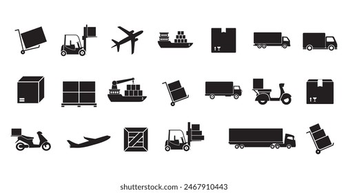 Cargo shipping delivery expedition related vector icon set, E-commerce business concept. Contains such icons as ship, vessel, anchor, ship steering wheel, cargo ship, truck, pallet box, harbor loading