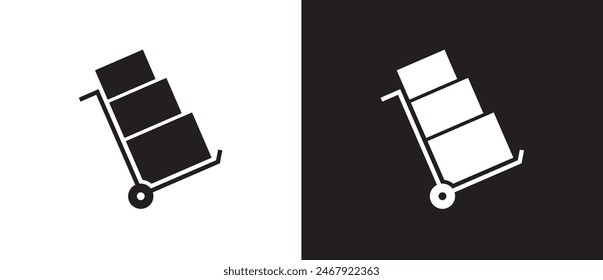 Icono de Vector de expedición de envío de carga, caja del paquete de compras en el carro. Icono de caja de cartón en estilo plano. Ilustración vectorial, comercio electrónico. Icono de carga en fondo blanco y negro.