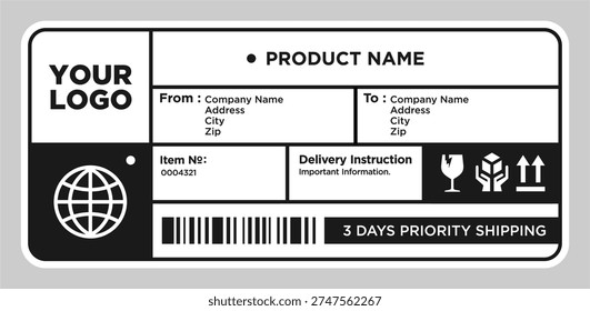Cargo shipping delivery sticker vector. Shipment label template. Delivery  mockup. Fragile, handle icon. Information about company recipient.  Vector illustration
