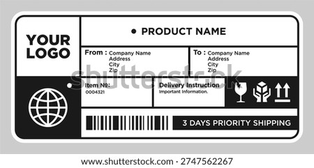 Cargo shipping delivery sticker vector. Shipment label template. Delivery  mockup. Fragile, handle icon. Information about company recipient.  Vector illustration