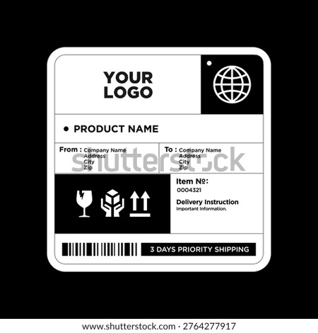 Cargo shipping delivery sticker vector. Shipment label template. Delivery  mockup. Fragile, handle icon. Information about company recipient.  Vector illustration