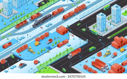 Fracht- und Schifffahrtsverteilzentrum mit Containern und Lastwagen, Autos und Bahn mit Zug. Isometrische Vektorillustration des globalen Logistik- und Lieferkettenprozesses. Große Vertriebsgesellschaft.