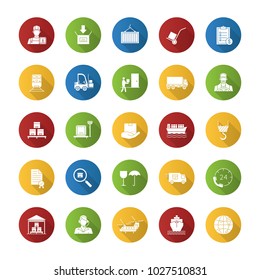 Cargo shipping flat design long shadow glyph icons set. Delivery service. Land, air and water transportation. Vector silhouette illustration