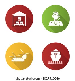 Cargo shipping flat design long shadow glyph icons set. Delivery service. Warehouse, call center operator, military helicopter, cargo ship. Vector silhouette illustration