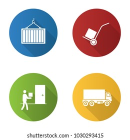 Cargo shipping flat design long shadow glyph icons set. Delivery service. Intermodal container, courier, delivery truck, dolly cart. Vector silhouette illustration