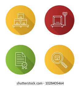 Cargo shipping flat linear long shadow icons set. Delivery service. Warehouse, cargo weighing, certificate, parcel tracking. Vector outline illustration