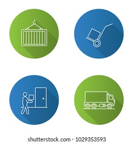 Cargo shipping flat linear long shadow icons set. Delivery service. Intermodal container, courier, delivery truck, dolly cart. Vector outline illustration